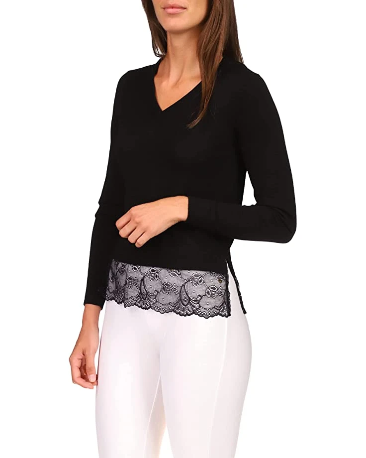 MICHAEL Michael Kors Crop V-Neck with Lace Hem | Sweaters 1 MICHAEL Michael Kors Crop V-Neck with Lace Hem | Sweaters