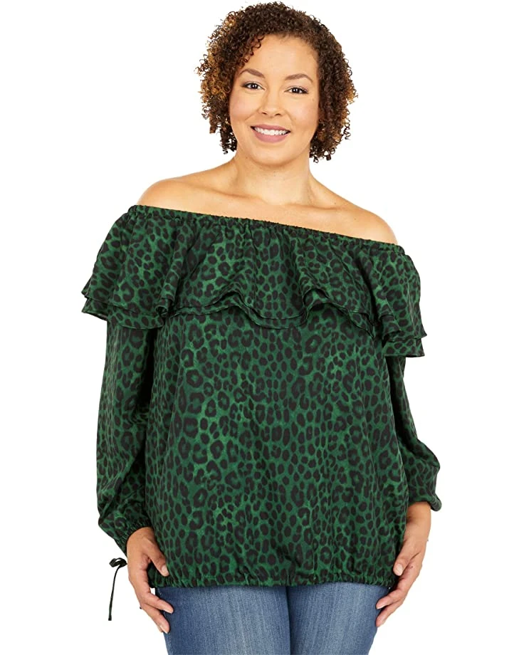 MICHAEL Michael Kors Plus Size Mega Cheetah Ruffle Peasant Top | Shirts & Tops 1 MICHAEL Michael Kors Plus Size Mega Cheetah Ruffle Peasant Top | Shirts & Tops